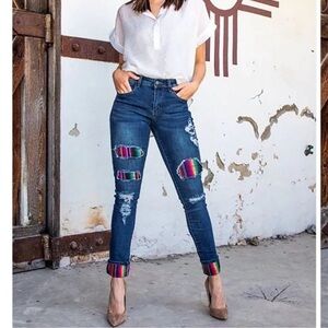 Lucky And Blessed Women's Dark Wash With Serape Patches Jeans